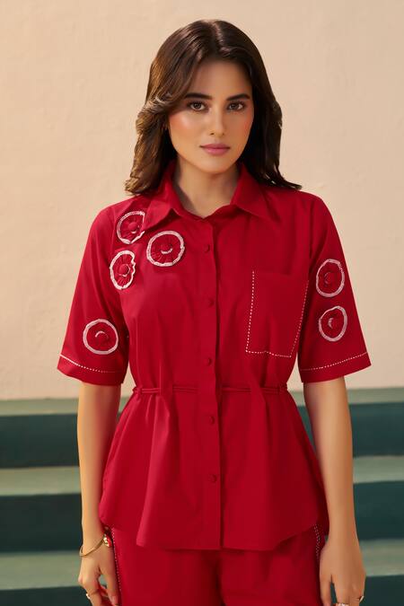 Savaaya_Red Poplin Embroidery Collared Rose Shirt And Shorts Set _Online_at_Aza_Fashions