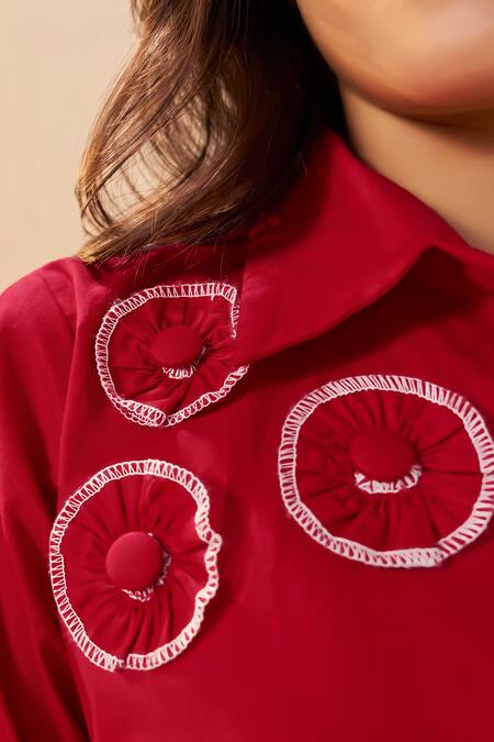 Buy_Savaaya_Red Poplin Embroidery Collared Rose Shirt And Shorts Set _Online_at_Aza_Fashions