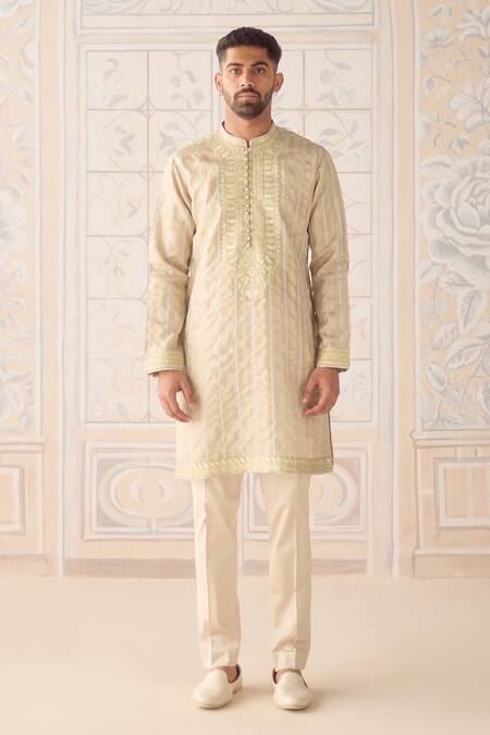 Buy_Shyam Narayan Prasad_Gray Silk, , , Embroidery Oyster Metallic Kurta Set _Online_at_Aza_Fashions