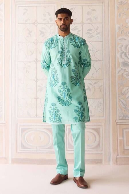 Shyam Narayan Prasad Blue Chanderi, Cotton Satin Embroidery Plume Nehru Jacket Set Online at Aza Fashions Shyam Narayan Prasad_Blue Chanderi, Cotton Satin Embroidery Plume Nehru Jacket Set _Online_at_Aza_Fashions