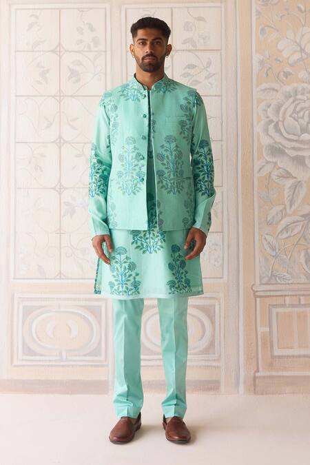 Shyam Narayan Prasad Blue Chanderi, Cotton Satin Embroidery Plume Nehru Jacket Set at Aza Fashions Shyam Narayan Prasad_Blue Chanderi, Cotton Satin Embroidery Plume Nehru Jacket Set _at_Aza_Fashions
