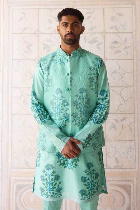 Buy Shyam Narayan Prasad Blue Chanderi, Cotton Satin Embroidery Plume Nehru Jacket Set Buy_Shyam Narayan Prasad_Blue Chanderi, Cotton Satin Embroidery Plume Nehru Jacket Set