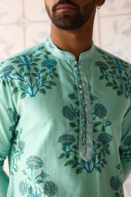 Shop Shyam Narayan Prasad Blue Chanderi, Cotton Satin Embroidery Plume Nehru Jacket Set Shop_Shyam Narayan Prasad_Blue Chanderi, Cotton Satin Embroidery Plume Nehru Jacket Set