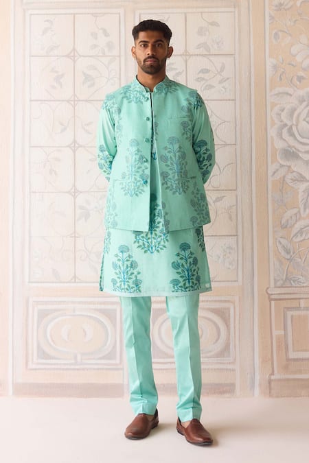 Shyam Narayan Prasad Blue Chanderi, Cotton Satin Embroidery Plume Nehru Jacket Set 