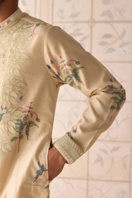 Buy_Shyam Narayan Prasad_Beige Chanderi , Satin Embroidery Sandshell Neutral Kurta Set _Online_at_Aza_Fashions