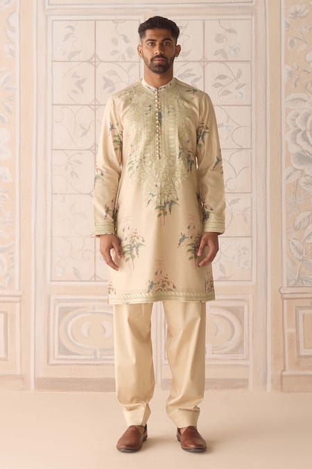 Shyam Narayan Prasad_Beige Chanderi , Satin Embroidery Sandshell Neutral Kurta Set _at_Aza_Fashions