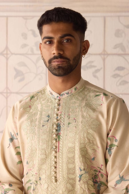 Buy_Shyam Narayan Prasad_Beige Chanderi , Satin Embroidery Sandshell Neutral Kurta Set 