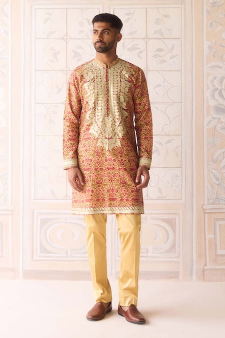Shyam Narayan Prasad_Gold Chanderi, Cotton Satin, Silk Embroidery Designer Nehru Jacket Set _Online_at_Aza_Fashions