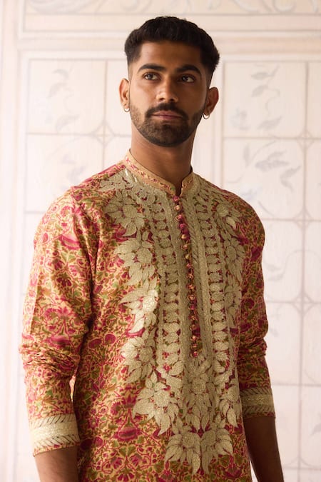 Shop_Shyam Narayan Prasad_Gold Chanderi, Cotton Satin, Silk Embroidery Designer Nehru Jacket Set _Online_at_Aza_Fashions