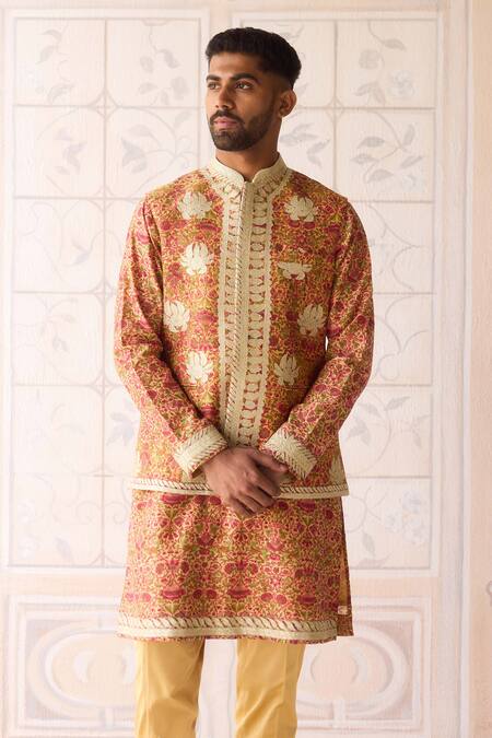 Shop_Shyam Narayan Prasad_Gold Chanderi, Cotton Satin, Silk Embroidery Designer Nehru Jacket Set 
