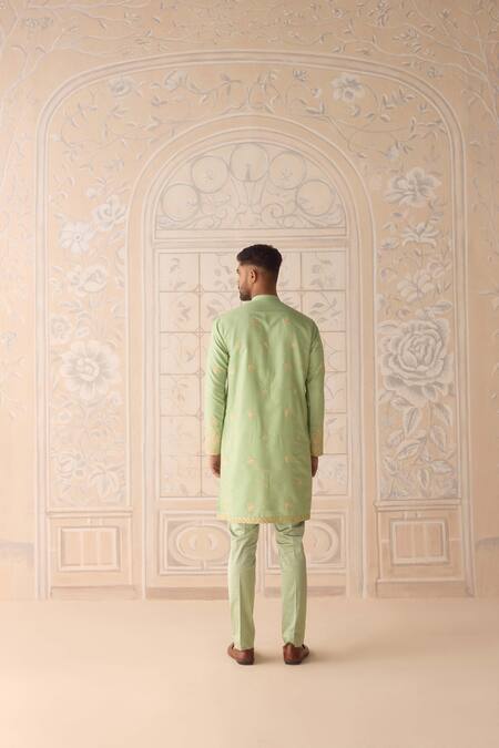 Buy_Shyam Narayan Prasad_Green , Silk, Satin Embroidery Reed Kurta Set _Online_at_Aza_Fashions