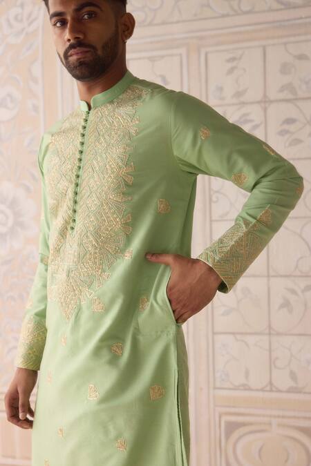 Shop_Shyam Narayan Prasad_Green , Silk, Satin Embroidery Reed Kurta Set _Online_at_Aza_Fashions