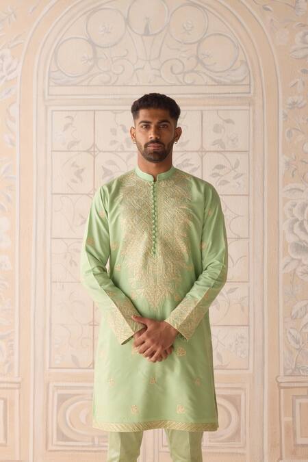Shyam Narayan Prasad_Green , Silk, Satin Embroidery Reed Kurta Set _at_Aza_Fashions
