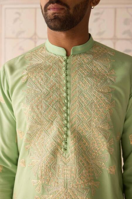 Buy_Shyam Narayan Prasad_Green , Silk, Satin Embroidery Reed Kurta Set 