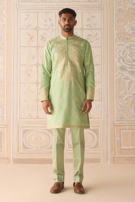 Shyam Narayan Prasad Green , Silk, Satin Embroidery Reed Kurta Set 