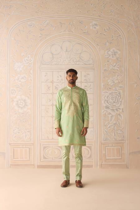 Shop_Shyam Narayan Prasad_Green , Silk, Satin Embroidery Reed Kurta Set 