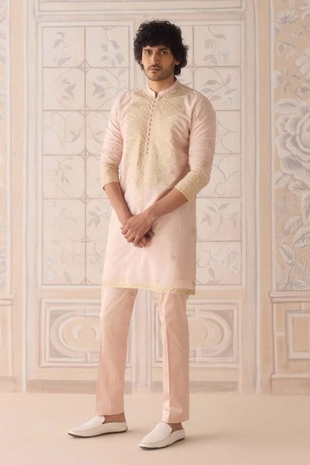 Shyam Narayan Prasad_Pink Silk, , , Embroidery Snow Kurta Set _Online_at_Aza_Fashions