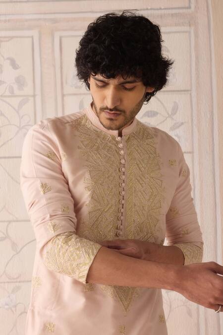Buy_Shyam Narayan Prasad_Pink Silk, , , Embroidery Snow Kurta Set _Online_at_Aza_Fashions