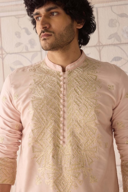 Buy_Shyam Narayan Prasad_Pink Silk, , , Embroidery Snow Kurta Set 