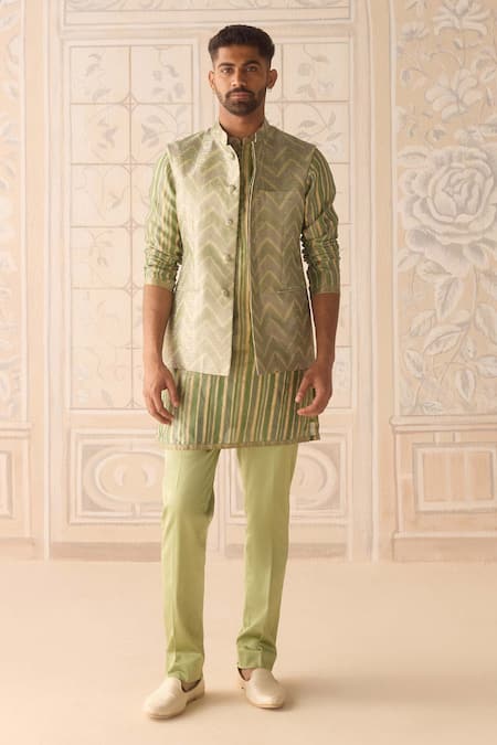 Shyam Narayan Prasad_Green Silk, Brocade, Cotton Striped Nehru Jacket Set _Online_at_Aza_Fashions