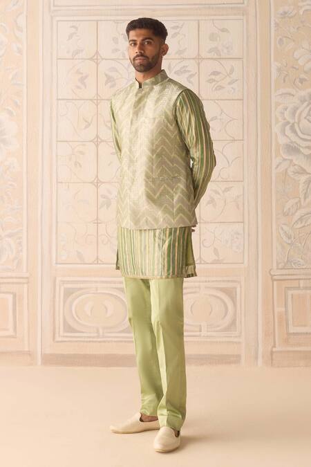 Buy_Shyam Narayan Prasad_Green Silk, Brocade, Cotton Striped Nehru Jacket Set _Online_at_Aza_Fashions