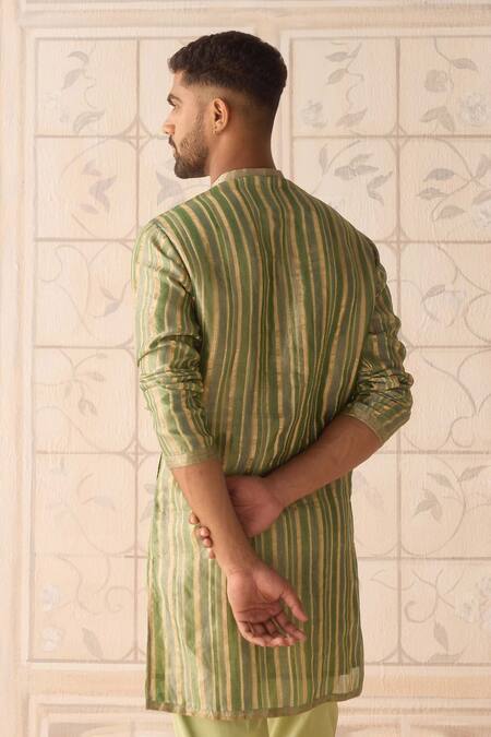 Shop_Shyam Narayan Prasad_Green Silk, Brocade, Cotton Striped Nehru Jacket Set _Online_at_Aza_Fashions