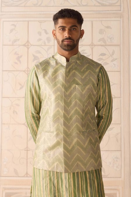 Shyam Narayan Prasad_Green Silk, Brocade, Cotton Striped Nehru Jacket Set _at_Aza_Fashions