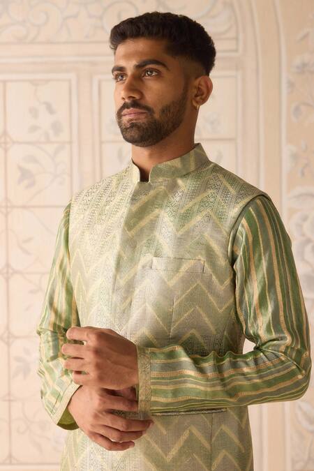 Buy_Shyam Narayan Prasad_Green Silk, Brocade, Cotton Striped Nehru Jacket Set 
