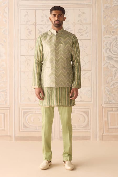 Shop_Shyam Narayan Prasad_Green Silk, Brocade, Cotton Striped Nehru Jacket Set 
