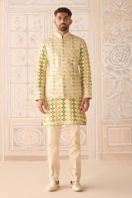 Shyam Narayan Prasad_Ivory Chanderi, Cotton Satin, Silk Embroidery Jade Green Nehru Jacket Set _Online_at_Aza_Fashions