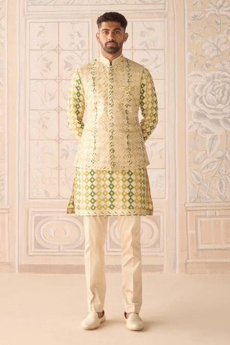 Buy_Shyam Narayan Prasad_Ivory Chanderi, Cotton Satin, Silk Embroidery Jade Green Nehru Jacket Set _Online_at_Aza_Fashions