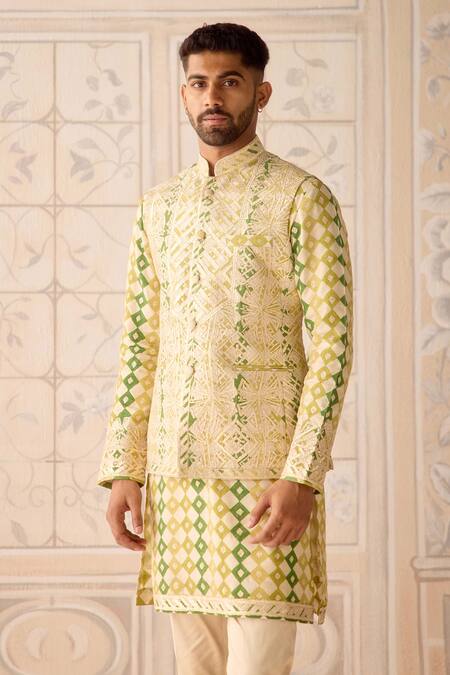 Shop_Shyam Narayan Prasad_Ivory Chanderi, Cotton Satin, Silk Embroidery Jade Green Nehru Jacket Set _Online_at_Aza_Fashions