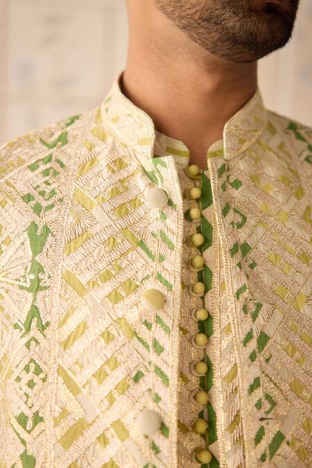 Shyam Narayan Prasad_Ivory Chanderi, Cotton Satin, Silk Embroidery Jade Green Nehru Jacket Set _at_Aza_Fashions