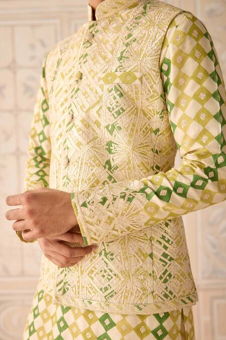 Buy_Shyam Narayan Prasad_Ivory Chanderi, Cotton Satin, Silk Embroidery Jade Green Nehru Jacket Set 