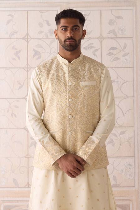 Shyam Narayan Prasad_Ivory , , , Designer Egret Nehru Jacket Set _Online_at_Aza_Fashions