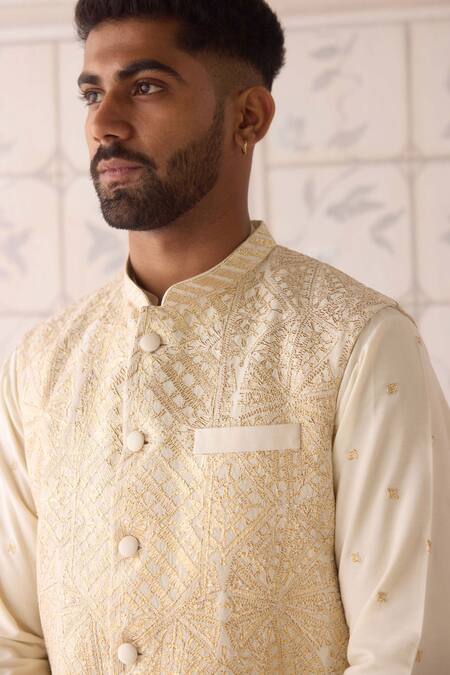 Buy_Shyam Narayan Prasad_Ivory , , , Designer Egret Nehru Jacket Set _Online_at_Aza_Fashions