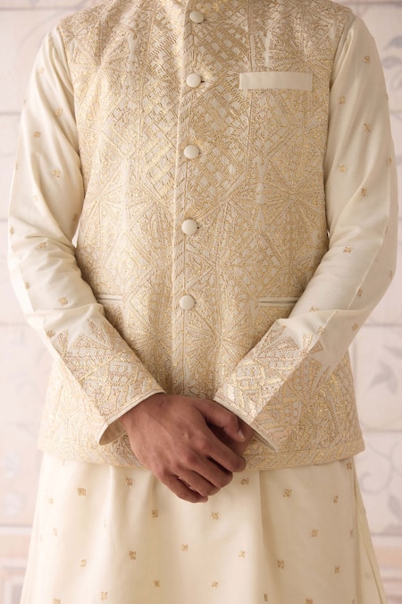 Shyam Narayan Prasad_Ivory , , , Designer Egret Nehru Jacket Set _at_Aza_Fashions