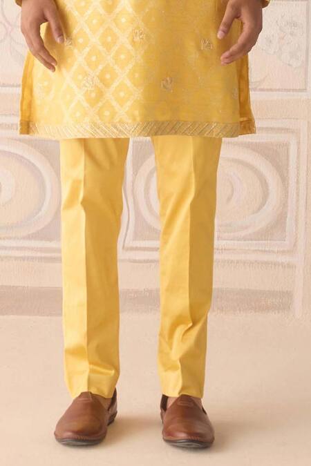 Shyam Narayan Prasad_Yellow , Silk, Satin Embroidery Maize Kurta Set _Online_at_Aza_Fashions