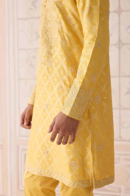 Buy_Shyam Narayan Prasad_Yellow , Silk, Satin Embroidery Maize Kurta Set _Online_at_Aza_Fashions
