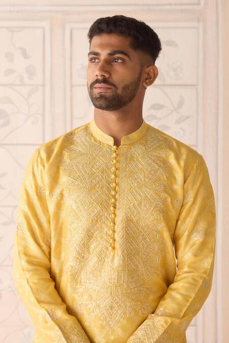 Shop_Shyam Narayan Prasad_Yellow , Silk, Satin Embroidery Maize Kurta Set _Online_at_Aza_Fashions