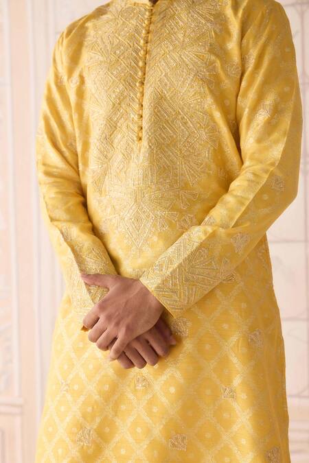 Shyam Narayan Prasad_Yellow , Silk, Satin Embroidery Maize Kurta Set _at_Aza_Fashions