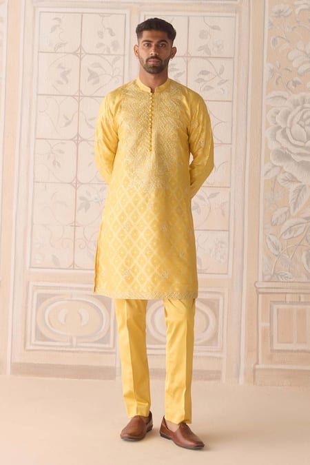 Shyam Narayan Prasad Yellow , Silk, Satin Embroidery Maize Kurta Set 