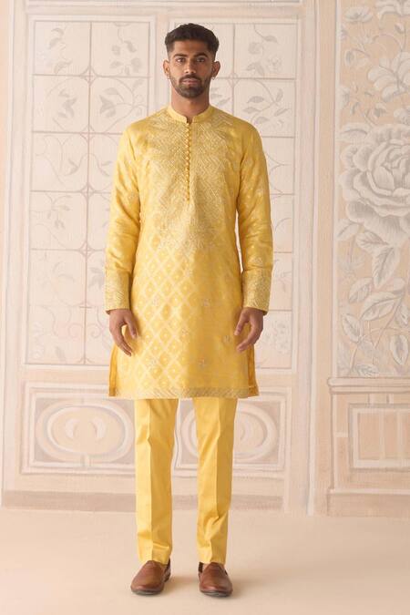 Buy_Shyam Narayan Prasad_Yellow , Silk, Satin Embroidery Maize Kurta Set 