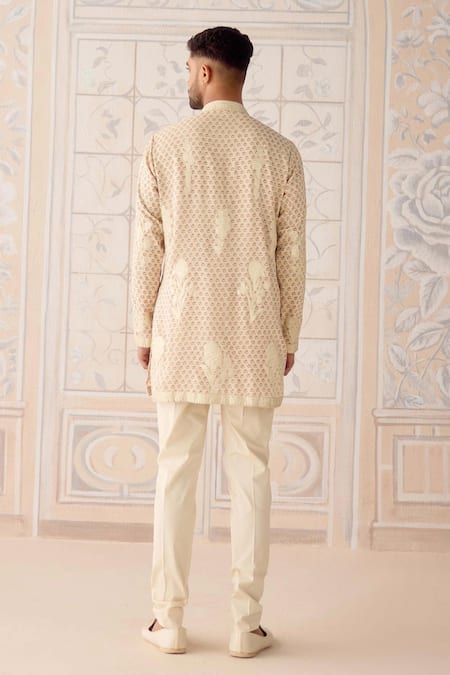 Buy_Shyam Narayan Prasad_Off White Cotton Satin, Cotton, Silk Embroidery Antique Nehru Jacket Set _Online_at_Aza_Fashions