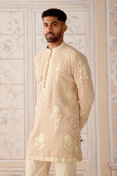 Shop_Shyam Narayan Prasad_Off White Cotton Satin, Cotton, Silk Embroidery Antique Nehru Jacket Set _Online_at_Aza_Fashions