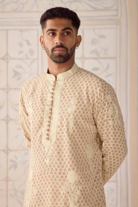 Shyam Narayan Prasad_Off White Cotton Satin, Cotton, Silk Embroidery Antique Nehru Jacket Set _at_Aza_Fashions