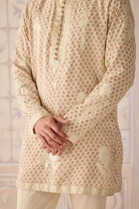 Buy_Shyam Narayan Prasad_Off White Cotton Satin, Cotton, Silk Embroidery Antique Nehru Jacket Set 