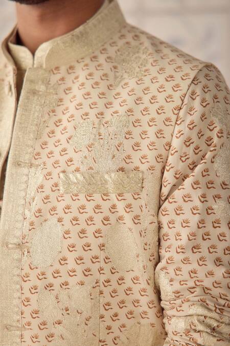 Shop_Shyam Narayan Prasad_Off White Cotton Satin, Cotton, Silk Embroidery Antique Nehru Jacket Set 