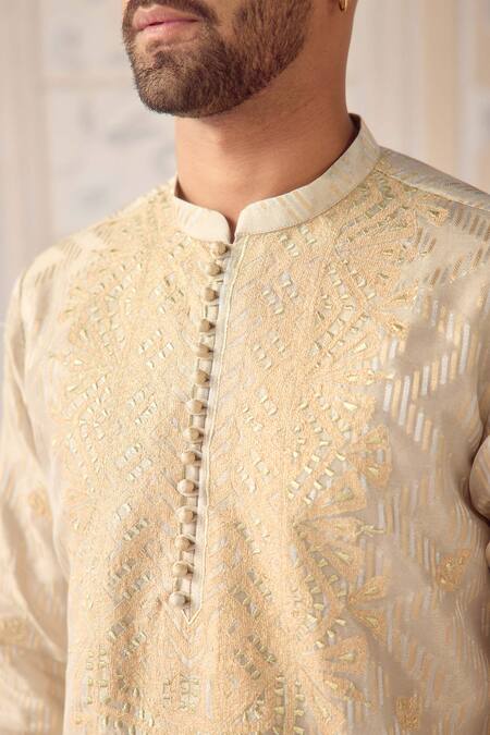Shyam Narayan Prasad_Ivory Silk, Cotton Satin Embroidery, Applique Designer Kurta Set _Online_at_Aza_Fashions