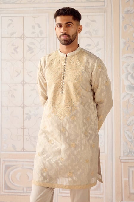 Buy_Shyam Narayan Prasad_Ivory Silk, Cotton Satin Embroidery, Applique Designer Kurta Set _Online_at_Aza_Fashions